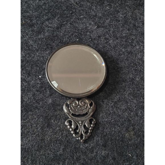 Vintage Silver plate purse Danish Hand Mirror embossed Island Scene Palm Trees - Picture 3 of 5